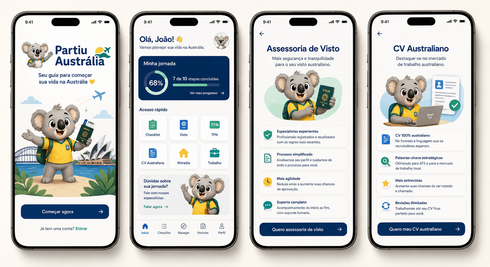 Partiu Australia mobile app screens